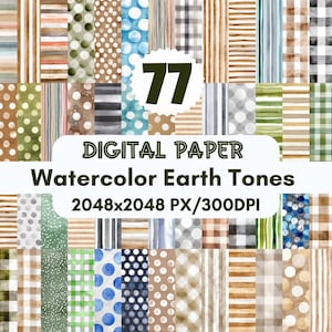 Op de afbeelding: Digitaal papierpakket met 77 aquarelontwerpen in aardetinten. De patronen omvatten strepen, stippen en ruiten in tinten bruin, groen, blauw en grijs. De afbeelding bevat de tekst "DIGITAL PAPER Watercolor Earth Tones 2048x2048 PX/300DPI".