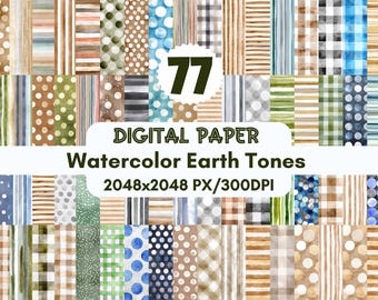 Papel digital con 77 tonos tierra en acuarela: patrones bohemios neutros (archivos PNG)