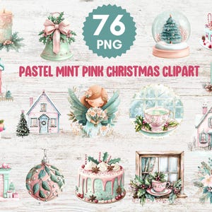 76 Pastel Christmas Clipart: Mint Pink Watercolor Graphics (PNG)