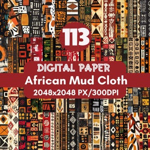 Op de afbeelding: Een digitaal papierpakket met 113 verschillende patronen geïnspireerd door Afrikaanse modderdoek. De patronen zijn een mix van geometrische vormen, lijnen en kleuren, waaronder zwart, wit, rood, geel en bruin. Het digitale papierpakket is 2048x2048 pixels en 300 DPI.
