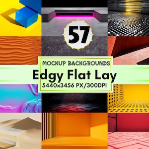 May include: A collage of nine different mockup backgrounds with various textures and colors. The backgrounds include a yellow surface with a blue cube, a checkered flag, sand, and abstract designs. Text reads "Mockup Backgrounds Edgy Flat Lay 5440x3456 PX/300DPI".