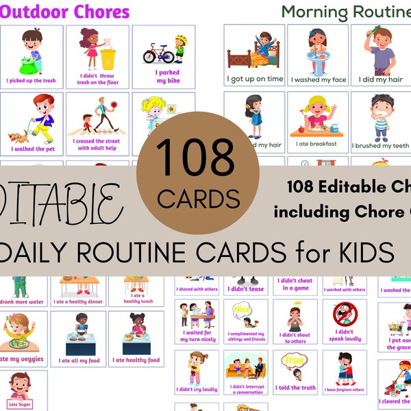 Bewerkbare dagelijkse routinekaarten voor kinderen, takenschema voor kinderen, dagelijks ritmeschema voor peuters, kleuters en kinderen