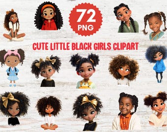 72 Cute Little Black Girls Illustration,Magic ClipArt Princess,Braids,Pigtails,PNG Bundle