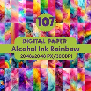 107 Alcohol Ink Rainbow Digital Papers: PNG Files (Digital Download)