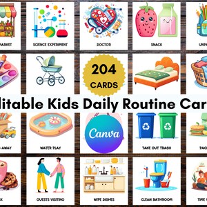 204 bearbeitbare Tagesroutinekarten für Kinder, tägliche Checkliste für Kleinkinder, Aufgabentabelle für das Lernen im Vorschulalter
