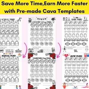 May include: Three black and white printable fundraising charts with different themes: school, Valentine's Day, and gym. Each chart features a grid of images to color in as money is raised. The charts include text that says "School Fund", "Valentine's Day Fund", and "Gym Fund".