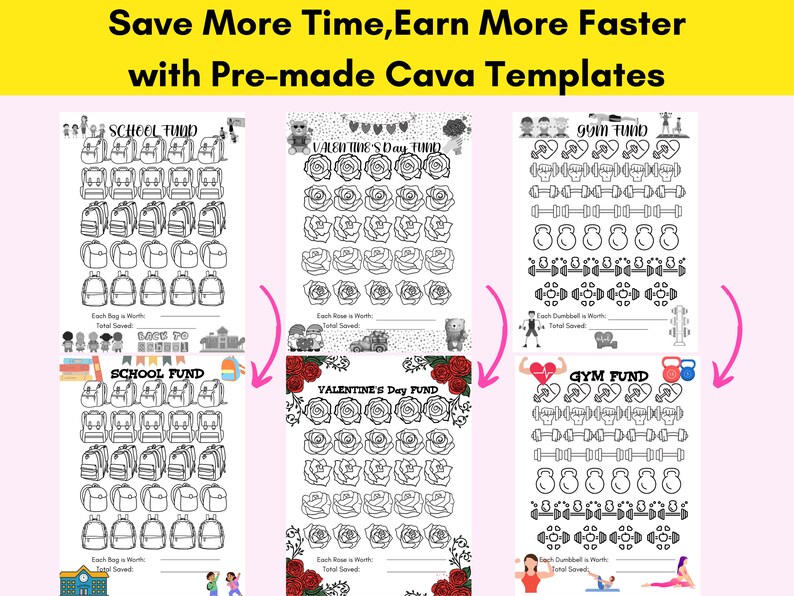 May include: Three black and white printable fundraising charts with different themes: school, Valentine's Day, and gym. Each chart features a grid of images to color in as money is raised. The charts include text that says "School Fund", "Valentine's Day Fund", and "Gym Fund".
