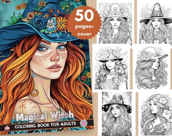 May include: A coloring book cover featuring a colorful illustration of a witch with long red hair wearing a blue hat with floral accents. The title of the book is "Magical Witch Coloring Book for Adults" and the cover states that it contains 50 pages.
