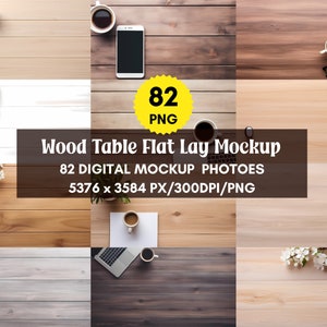 May include: A collection of 82 digital mockup photos featuring various flat lay arrangements on a wood table. The photos include items like coffee cups, a laptop, a phone, and flowers. The photos are 5376 x 3584 pixels and 300 DPI.