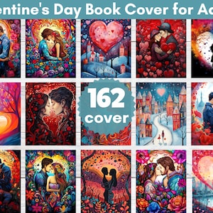 May include: A collection of 16 Valentine's Day book covers for adults. The covers feature romantic illustrations of couples, hearts, and floral designs in vibrant colors. The text "Valentine's Day Book Cover for Adults" is at the top.
