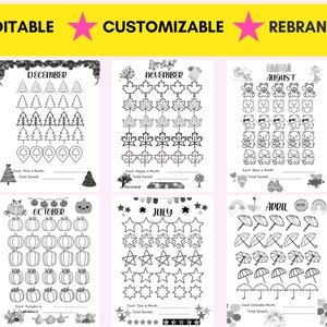 May include: Black and white printable chart with a monthly savings tracker for each month of the year. Each month features a different theme with a corresponding image.  The months included are December, November, October, July, April, and August.