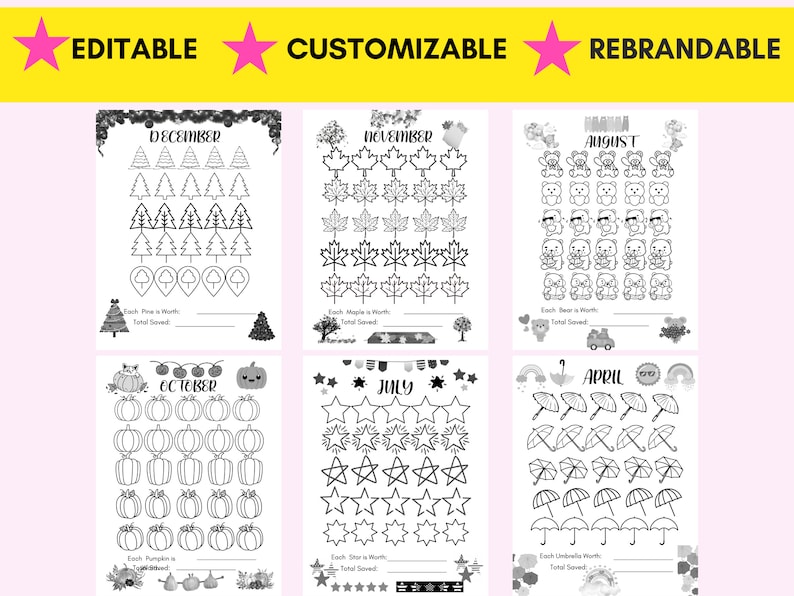 May include: Black and white printable chart with a monthly savings tracker for each month of the year. Each month features a different theme with a corresponding image.  The months included are December, November, October, July, April, and August.
