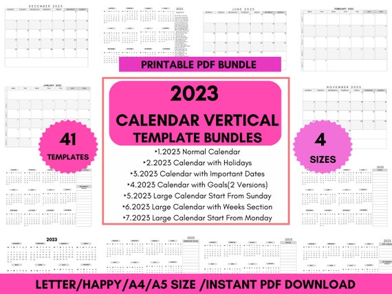 2023 Calendar PDF Template Bundles,calendar Template,monthly Calendar  Template,2023 Minimalist Calendar - Etsy