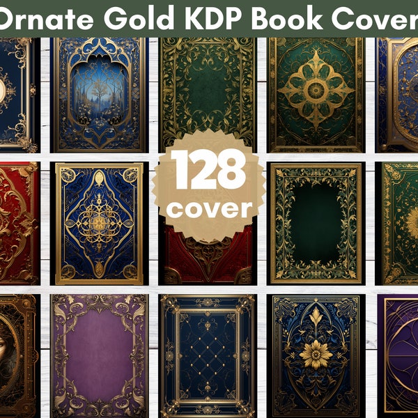 128 cubiertas de libros dorados ornamentados papel digital, plantilla de portada de cuaderno, plantilla de portada KDP, portadas de planificador y diario
