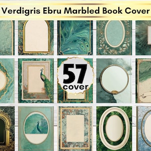 May include: A collection of verdant green and gold marbled book covers. The covers feature various designs, including oval and rectangular frames, peacock illustrations, and abstract patterns. The text "Verdigris Ebru Marbled Book Cover" is at the top.