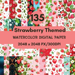 May include: A set of 135 digital papers featuring watercolour illustrations of strawberries, leaves, flowers, and other strawberry-themed designs. The papers are 2048 x 2048 pixels and 300 DPI.