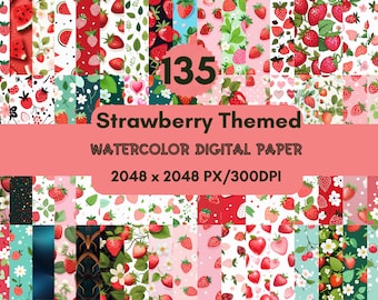 135 Strawberry Themed Digital Papers,Seamless Strawberries Pattern,Printable Strawberry Background