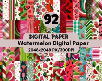 Watermelon Digital Paper Pack: Summer Clipart, Scrapbooking Backgrounds (92 PNG Files)