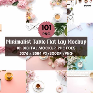 Puede incluir: Una colección de 101 fotos de maquetas digitales con una estética minimalista de plano. Las fotos muestran varios artículos, incluidos portátiles, tazas de café, flores y otros elementos decorativos, dispuestos sobre una variedad de fondos de colores.