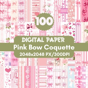 Può includere: Un pacchetto di carta digitale con 100 disegni di motivi rosa e bianchi con fiocchi, cuori ed elementi floreali. Il testo "Digital Paper Pink Bow Coquette 2048x2048 PX/300DPI" è visualizzato sull'immagine.