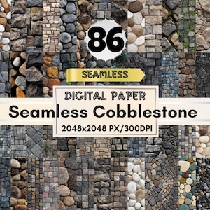 May include: A digital paper set featuring 86 seamless cobblestone textures. The image displays a variety of stone patterns in shades of gray, brown, and beige. Text includes "Seamless Digital Paper" and resolution details.