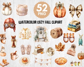 May include: Watercolor illustrations of cozy fall elements, including pumpkins, a sweater, a squirrel, a pie, and a house. The text "WATERCOLOR COZY FALL CLIPART" and "52 PNG" are also included.