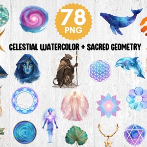 May include: A collection of 78 PNG watercolor illustrations featuring celestial and sacred geometry designs. The images include a whale, dolphin, cat, angel, and other mystical elements in shades of blue, purple, and gold.