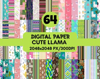 64 Llama Digital Paper Pack, Cactus Scrapbook Pages,Alpaca Patterns, Animals Boho Background