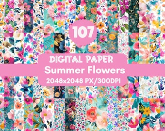 107  Summer Flowers Digital Papers,Summer Watercolor Flower Patterns,Teal & Pink