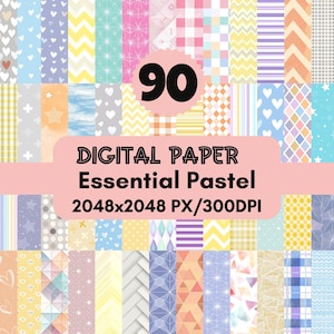 90 Essential Pastel Digital Paper Pack, Printable Patterns Scrapbooking Pages, Spring Background  Sheets
