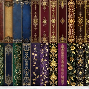 Może przedstawiać: Zestaw 20 cyfrowych, drukowanych wzor&oacute;w papieru do scrapbookingu z ozdobnymi złotymi i czarnymi wzorami na r&oacute;żnych kolorowych tłach, w tym fioletowym, niebieskim, zielonym i czerwonym.