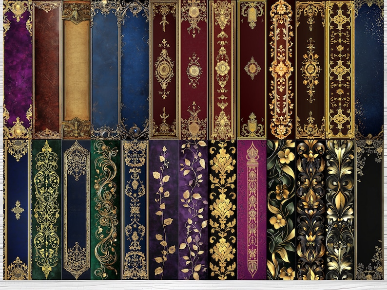 Może przedstawiać: Zestaw 20 cyfrowych, drukowanych wzor&oacute;w papieru do scrapbookingu z ozdobnymi złotymi i czarnymi wzorami na r&oacute;żnych kolorowych tłach, w tym fioletowym, niebieskim, zielonym i czerwonym.