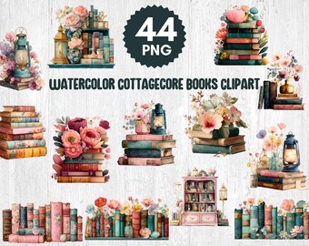 Puede incluir: Clipart de acuarela con pilas de libros adornados con flores, faroles y elementos decorativos. La imagen incluye el texto "WATERCOLOR COTAGECORE BOOKS CLIPART" y una insignia que dice "44 PNG". La paleta de colores incluye rosas, verdes y azules.