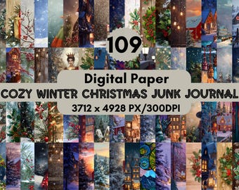 Puede incluir: Un paquete de papel digital titulado "COZY WINTER CHRISTMAS JUNK JOURNAL" con 109 imágenes. Las imágenes son verticales y presentan escenas invernales con casas, árboles y decoraciones navideñas. La resolución es de 3712 x 4928 píxeles a 300 DPI.