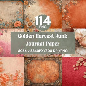 114 Golden Harvest Junk Journal Paper,Digital Grunge Autumn Scrapbook Pages, Distressed Vintage Fall Background Craft Paper Kit