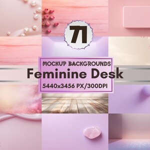 May include: A collage of nine different backgrounds with a feminine theme. The backgrounds include pink wood, a pink block, a makeup brush, a rose quartz, and a satin fabric. Text in the centre reads "Mockup Backgrounds Feminine Desk 5440x3456 PX/300DPI."