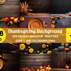 Könnte beinhalten: Eine Sammlung von 108 digitalen Thanksgiving-Hintergrundbildern. Die Bilder zeigen eine Vielzahl von herbstlichen Elementen, darunter Kürbisse, Kürbisse, Blätter und Weizen. Die Bilder sind perfekt, um festliche Thanksgiving-Designs zu erstellen.