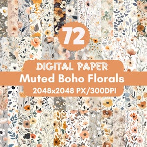 Könnte beinhalten: Ein digitales Papierpaket mit 72 gedeckten Boho-Blumenmustern. Jedes Muster ist 2048x2048 Pixel groß und hat 300 DPI.