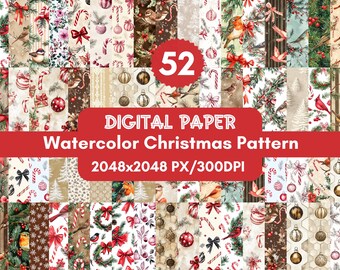 52 Watercolor Christmas Patterns Digital Paper,Printable Xmas Scrapbook Background