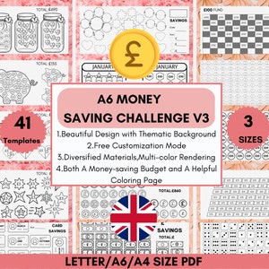 A6 Savings Challenge Templates Bundle UK SHEETS,A6 Savings Challenge Trackers,A6 Binder Inserts,A6 Cash Envelopes