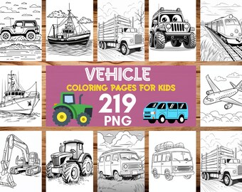 May include: A set of 219 black and white colouring pages featuring various vehicles for kids. The pages include a jeep, a boat, a lorry, a train, a plane, a tractor, a van, an excavator, and more.