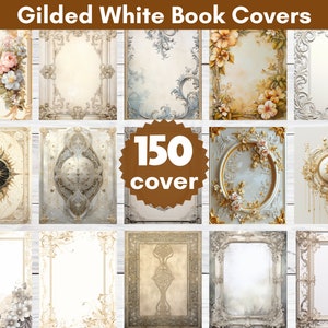 Puede incluir: Una colección de 150 cubiertas de libros blancas con marcos dorados ornamentados. Las cubiertas presentan varios diseños, incluyendo motivos florales, patrones geométricos y elementos clásicos.