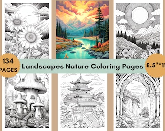 Landscape Coloring Book for Adults: 134 Stress-Relief Pages (Digital Download)