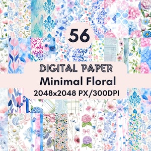 56 Minimale Digitale Papiere, Aquarell Muster, Pastell Blumen Scrapbook