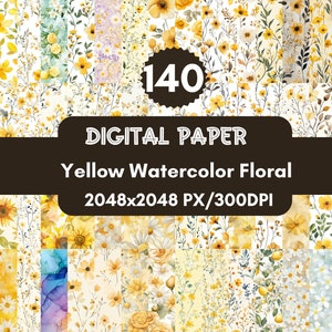 140 Yellow Watercolor Floral Printable Paper, Floral Wildflower Scrapbook Junk Journal,  Seamless Shabby Chic