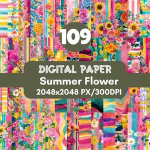 109 Summer Flower Digital Papers, Spring Floral Watercolor Scrapbook paper, Bright Flower Background