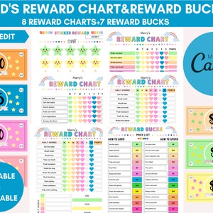 Bearbeitbare Kids Reward Bucks und Tabelle, druckbare Mom Bucks, Belohnungssystem für Kinder, Spielgeld