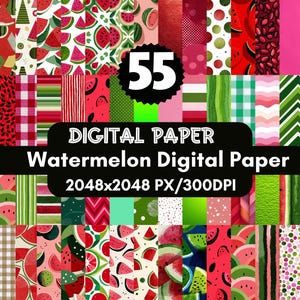 55 Watermelon Digital Paper, Picnic Scrapbook Papers, Watermelon Background, Wallpaper