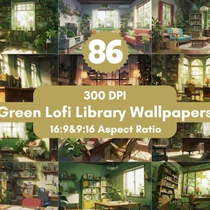 Green Lofi Library Wallpaper: 4K Dual Monitor Desktop Background (PNG Files)