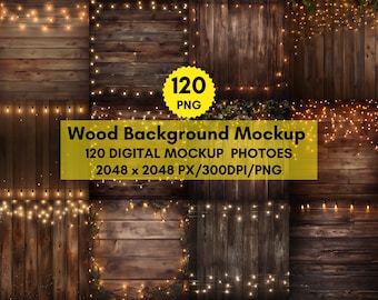 120 Rustic Fairy Lights Background Mockup,Wedding Wood Digital Paper,Light Strings Scrapbook Paper
